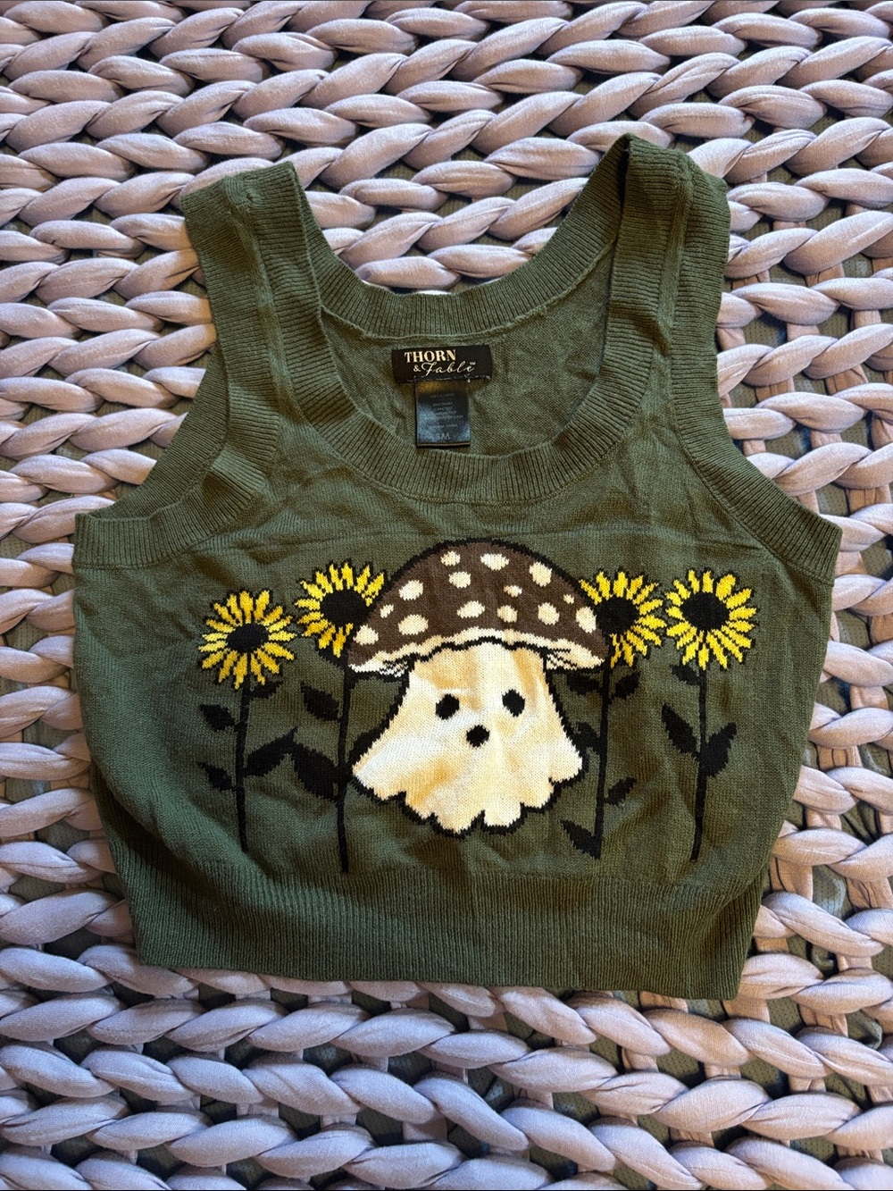 THORN & FABLE Small Olive Green Knit Crop Tank with Mushroom & Sunflower Motif